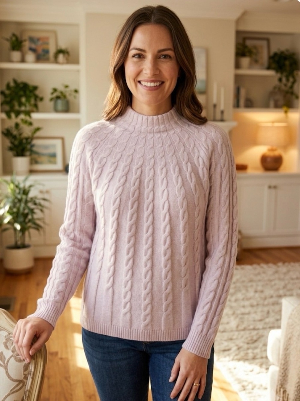 Chico's Touch of Cashmere Mock Neck Radiating Cable Knit Sweater Lilac Pink M